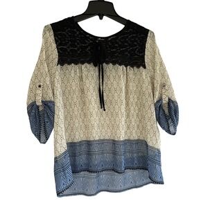 Monteau Women's L Pullover Blouse‎ Blue Beige Black Crochet